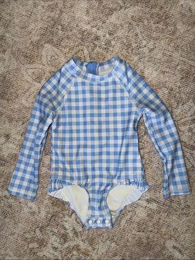 Tommy Bahama Blue and White Gingham Long-Sleeve Rashguard One-Piece